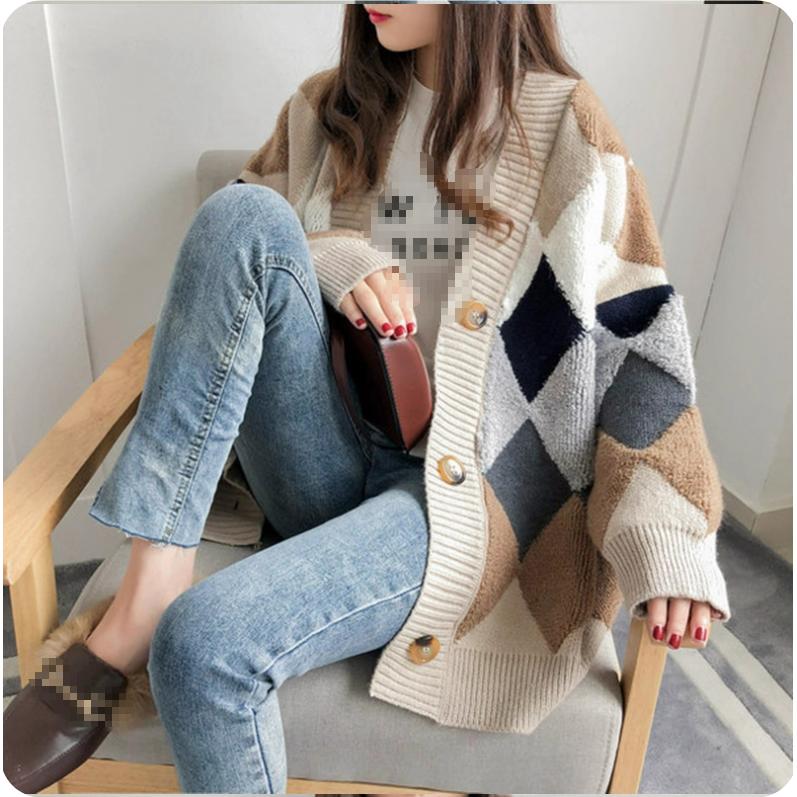 Autumn Plus Size Sweater Jacket Women's Cardigan Mid-length Diamond Loose Lazy Wind Thick Knitted Sweater