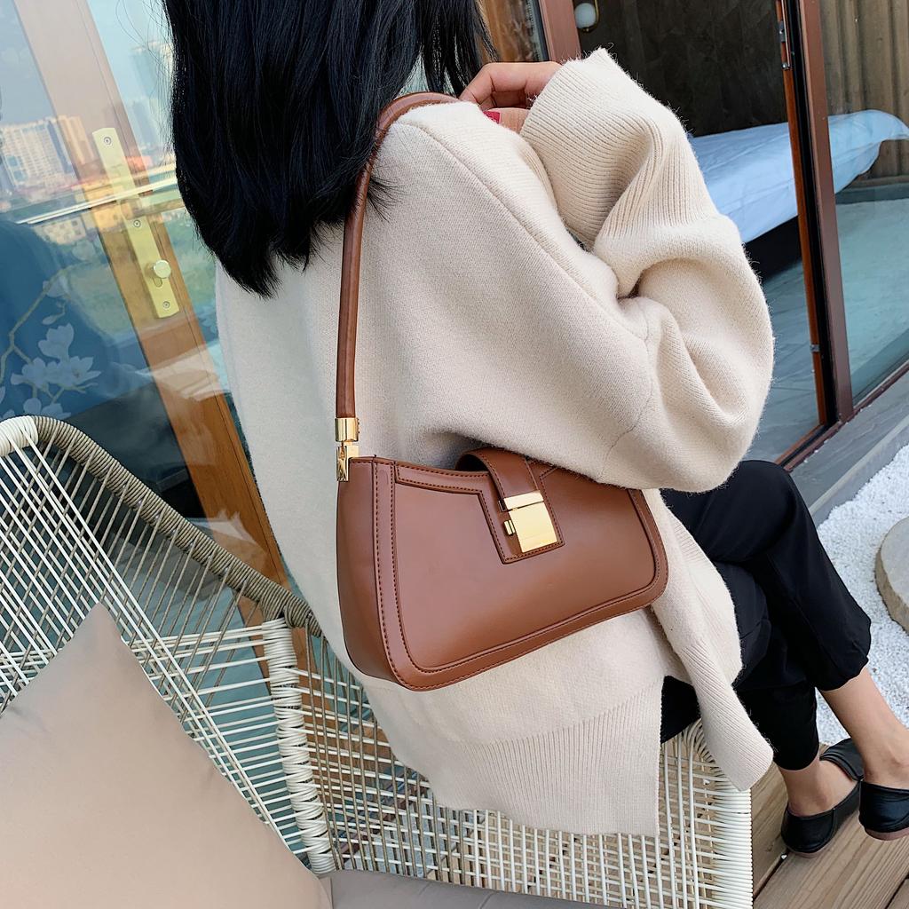 Solid Color PU Leather Shoulder Bags for Women 2022 Lock Handbags Small Travel Hand Bag Ladies Fashion Tote Bags MIT