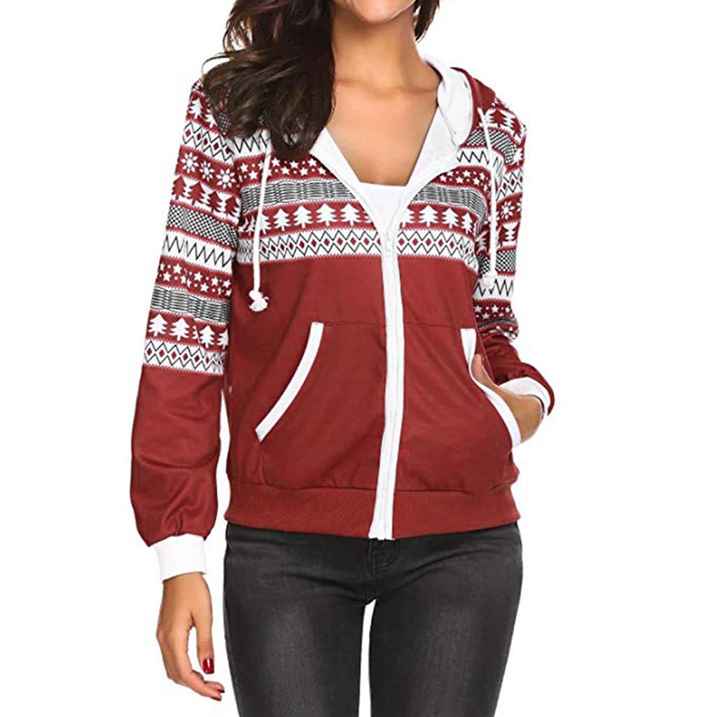 

Женская куртка на молнии с длинными рукавами, Рождественская толстовка с карманом и узором снежинки, пальто M красный