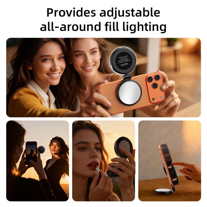 3 In 1 Magnetic Selfie Ring Light with Mirror LED Foldable Fill Light 360° Adjustable For Iphone 17 16 Mobile Phone Photography