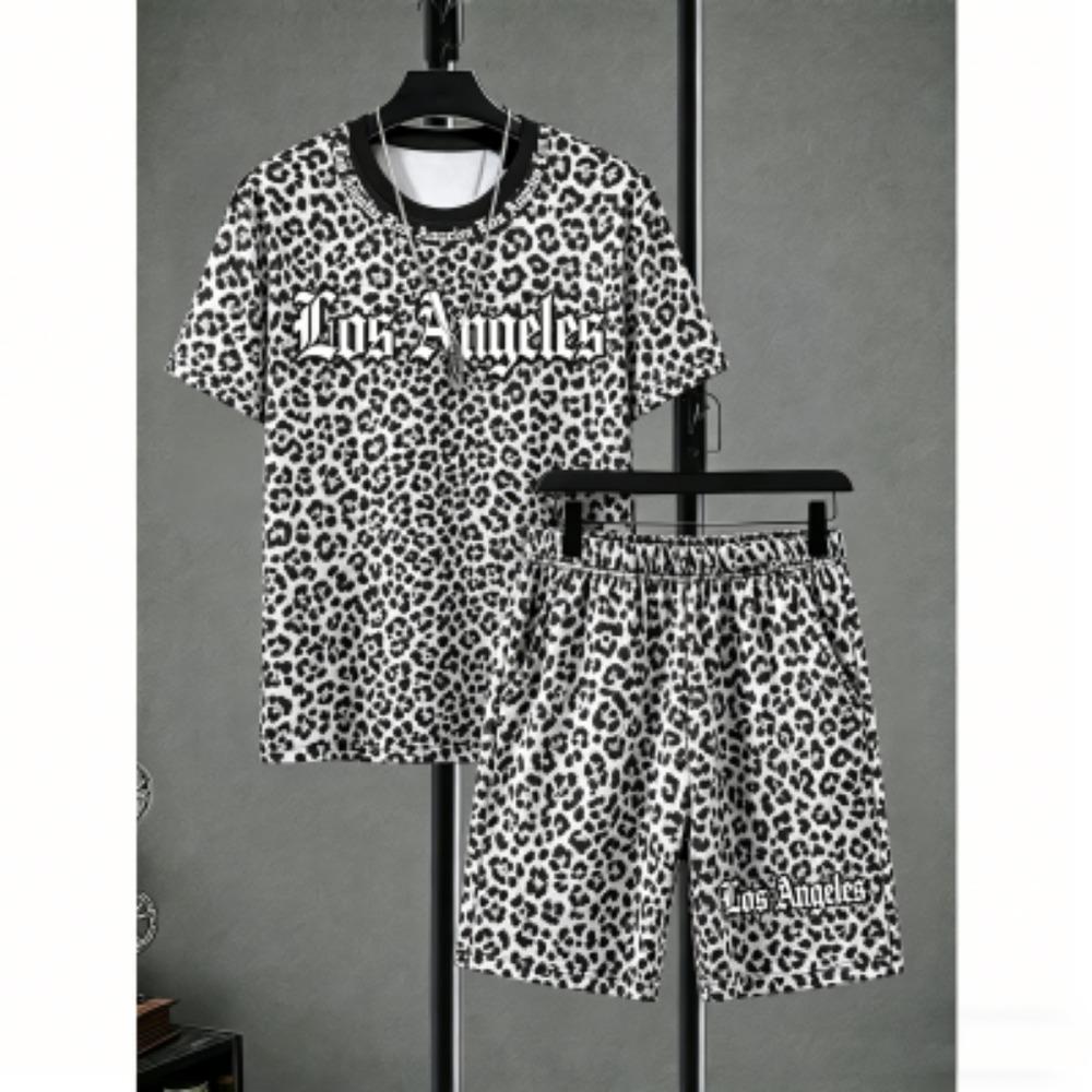 Fashion Men's Set Leopard Colorful Printed Men's T-shirt and Shorts 2 Piece Set Summer Casual Outdoor Men's and Women's Outfit Clothing