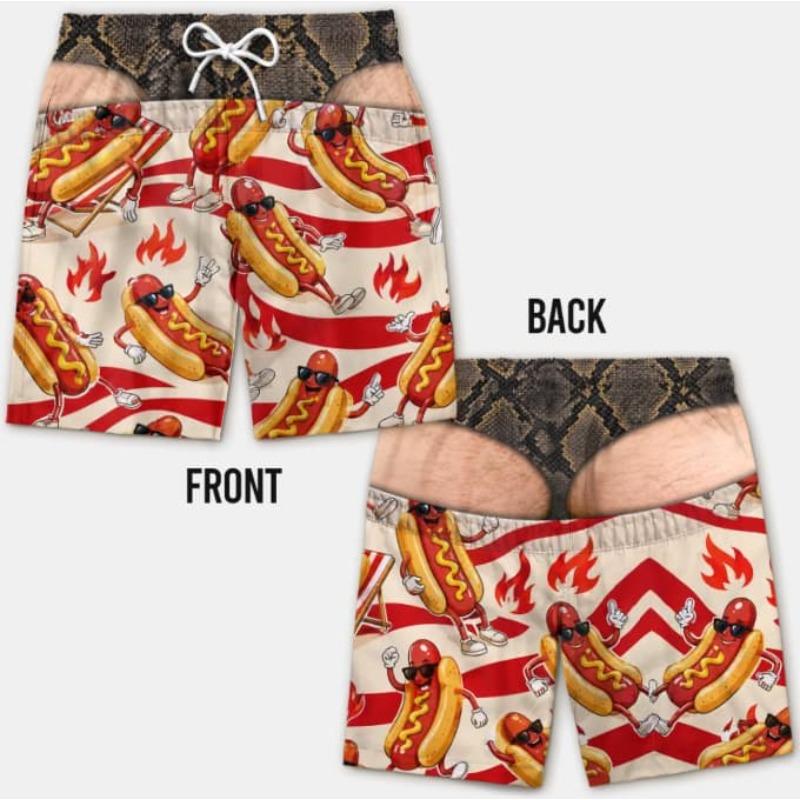 New Men's Fun Beach Shorts, 3D Simulated Leopard Print Thong Pants, Faux Two-piece Print, Beach Swim Trunks, Party Casual Shorts