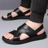 Men Brown Flats Slippers Summer Grey Wide Head Sandals Retro Black Leather Beach Shoes Plus Size
