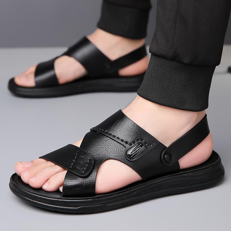 Men Brown Flats Slippers Summer Grey Wide Head Sandals Retro Black Leather Beach Shoes Plus Size