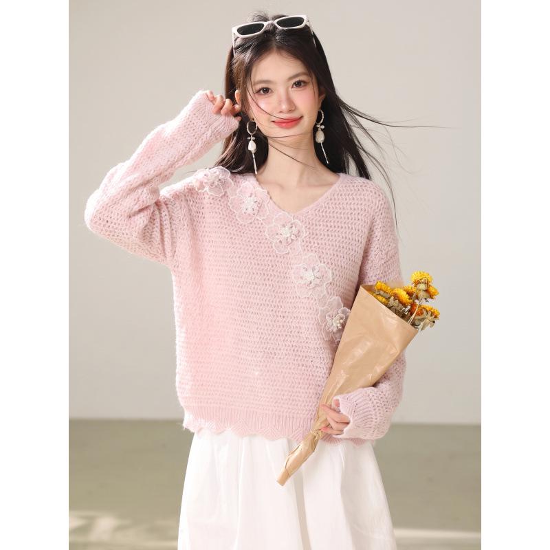 French Chic 3D Flower Knitwear: Women's Pink Sweater