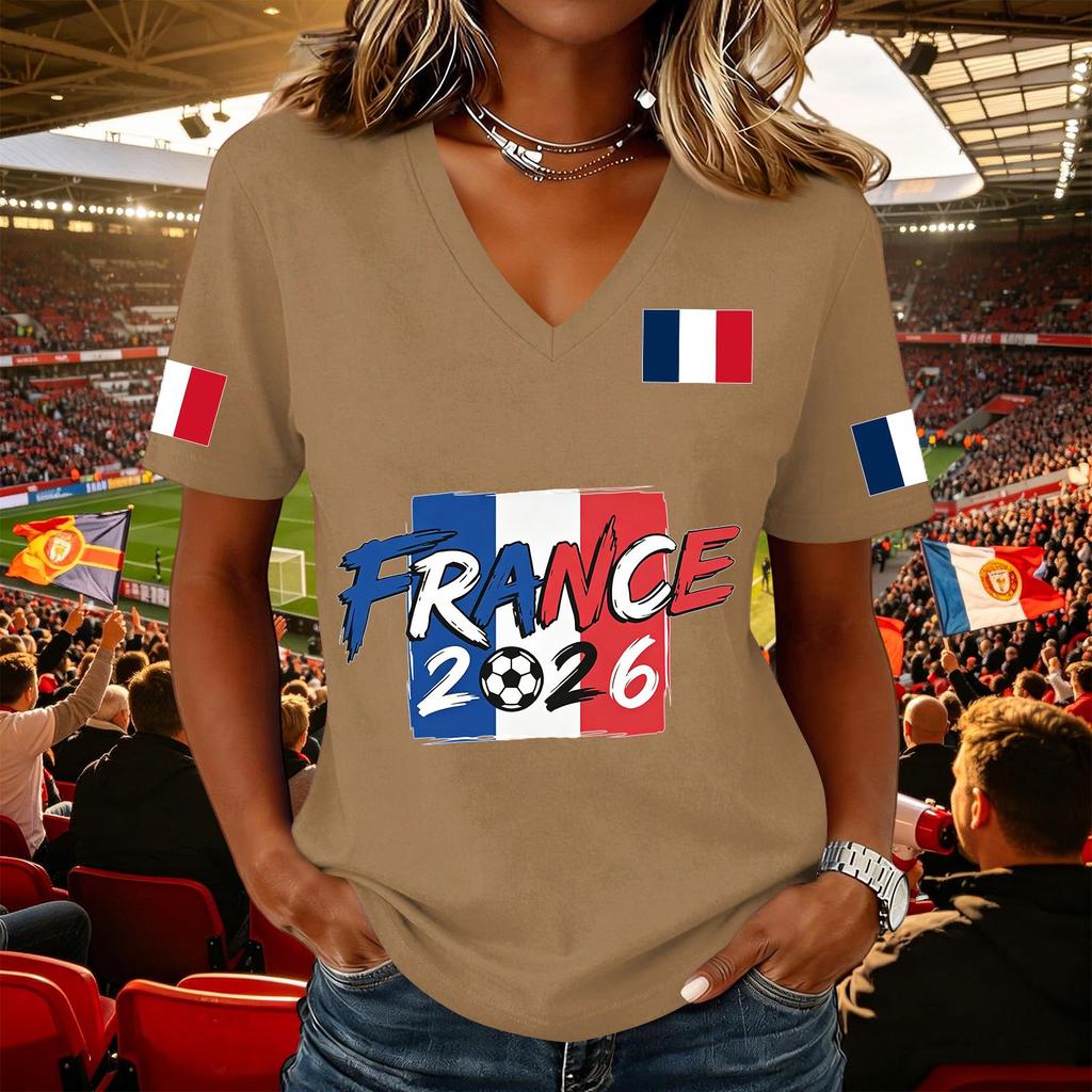 Women's Casual V Neck Pullover Top Short Sleeve Soccer Fan Shirt National Flag Print Support Tee for Outdoor Activities