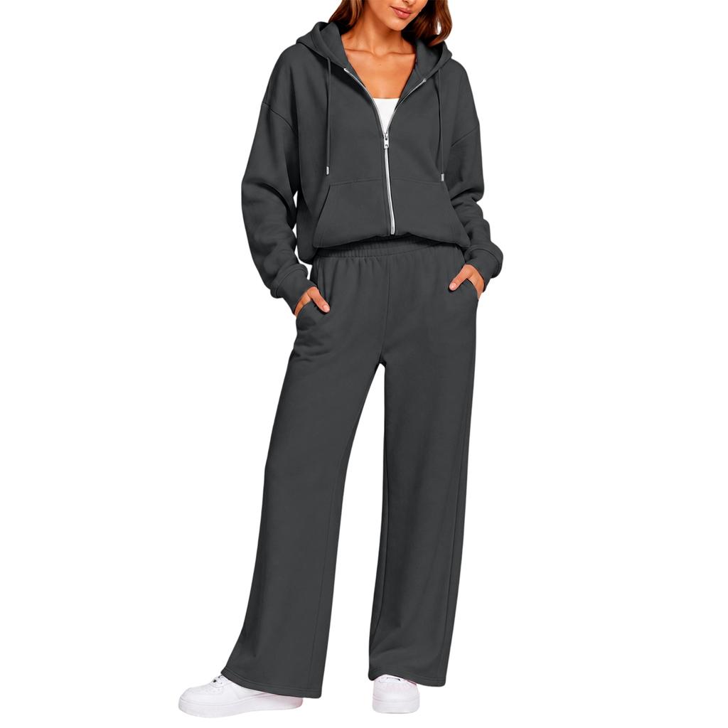 Completo Casual da Donna a Due Pezzi con Cardigan con Zip e Cappuccio e Pantaloni a Gamba Larga