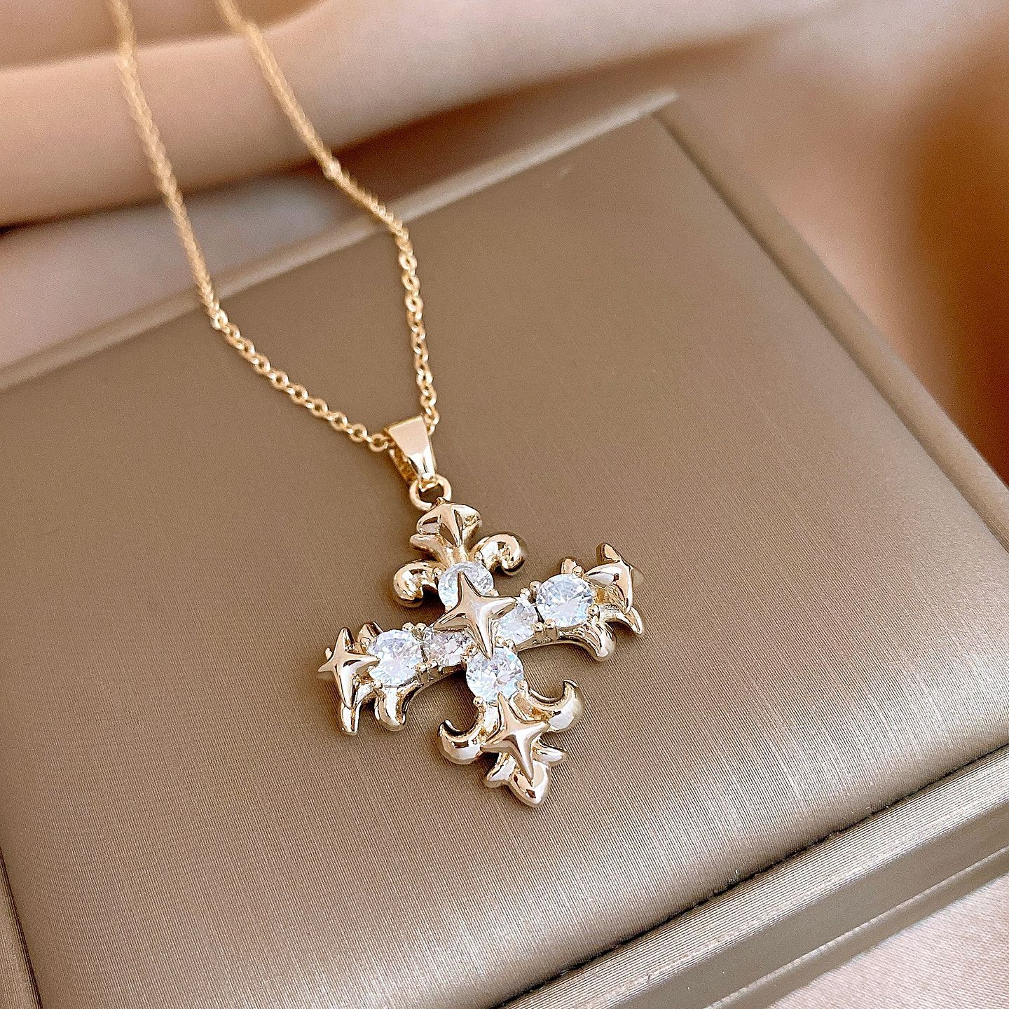 European and American zircon cross pendant necklace accessories women s versatile sweater chain necklace