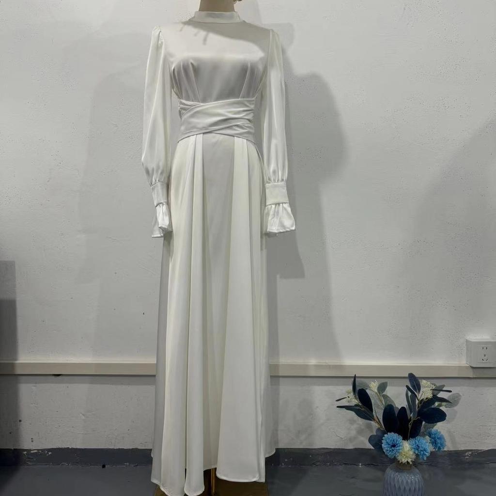GMXIA Autumn Long Sleeve Belted Puffy Sleeve Solid Color Fairy Dress