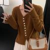 Autumn and winter new irregular single-breasted thin design loose V-neck long-sleeved knitted sweater with sweater women