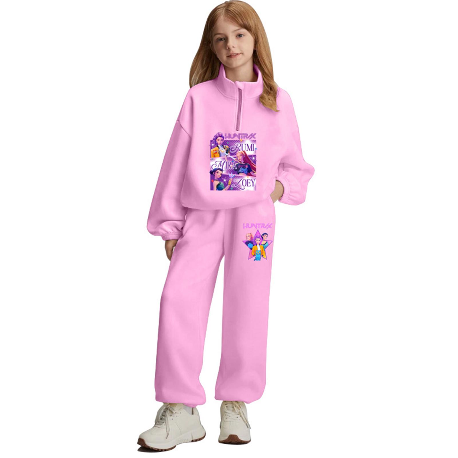 

Девичья толстовка с высоким воротом на молнии до середины + длинные брюки, спортивный флис, повседневный детский комплект 12 розовый