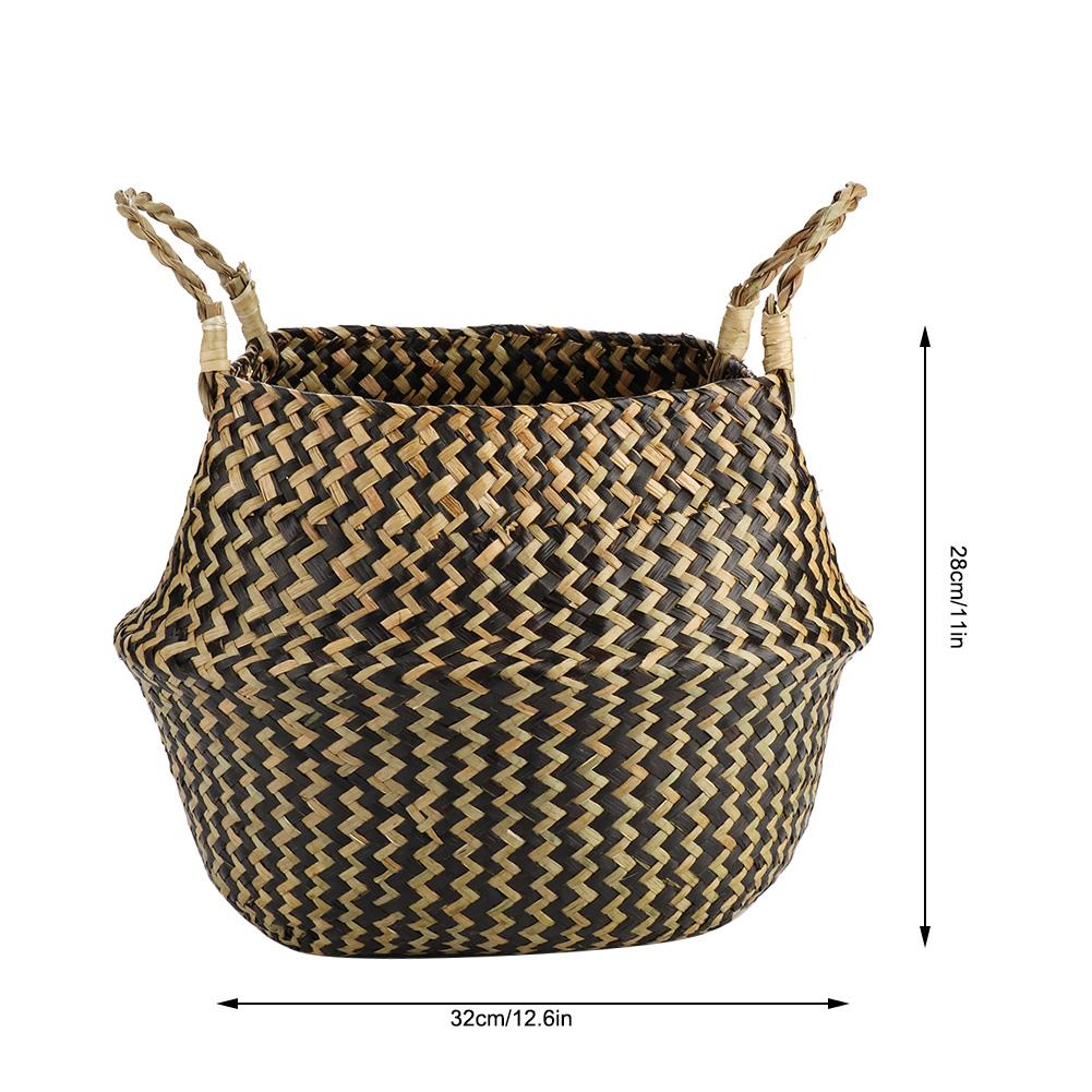 1Pc Foldable Natural Seagrass Woven Storage Basket Clothes Organizer Plant Flower Pot(Black)