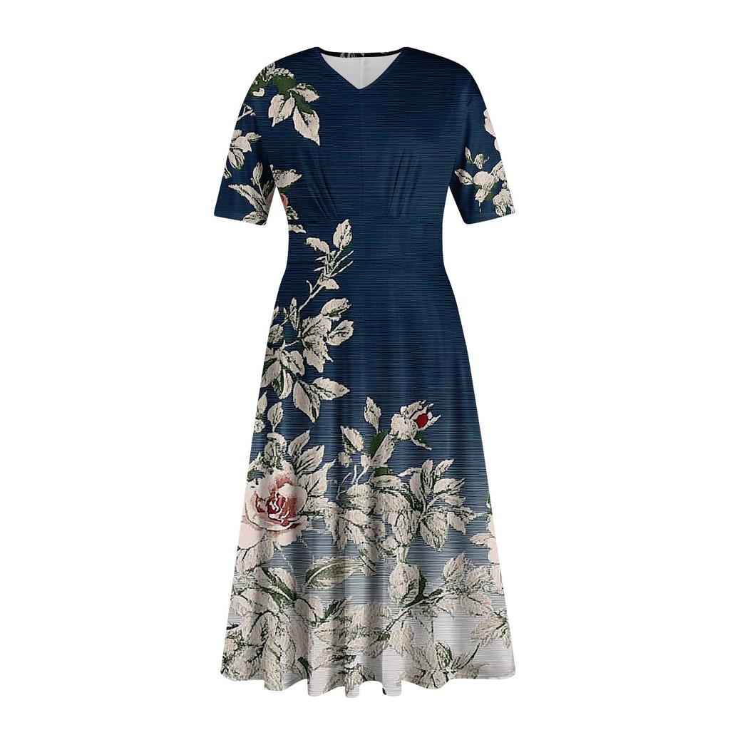 Women's Casual Fashion Floral ,Leaf,  Print V-neck Short-Sleeved Waist Long Swing Dress