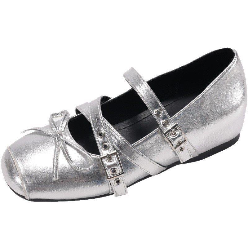 Silver Inner Height Increase Mary Jane Shoes Bow Flat Bottom New 6Cm French Single Shoes Women'S Summer Ballet Large Size Women'S Shoes