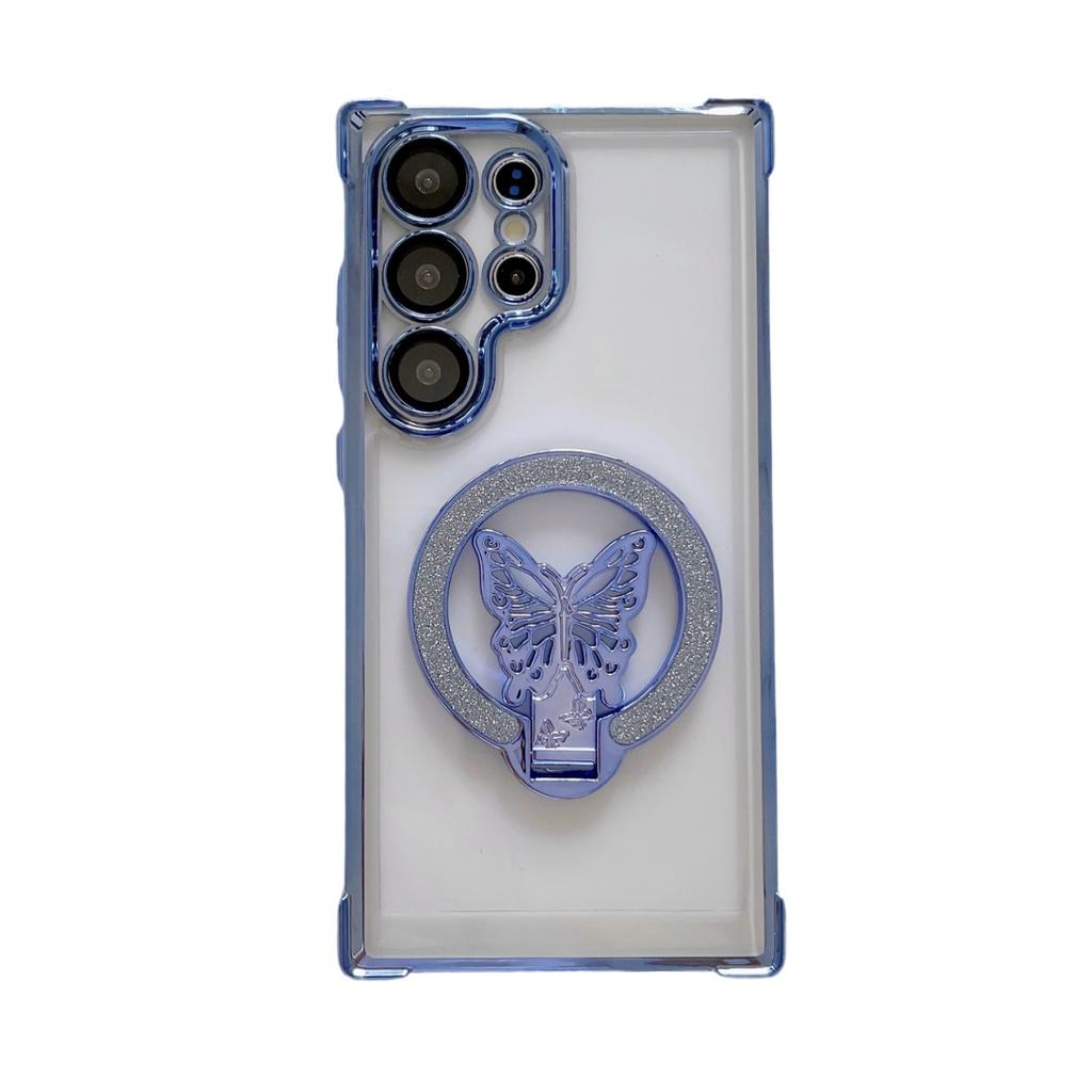 Suitable for Samsung S25 Ultra Mobile Phone Case Flash Powder Butterfly Magnetic Suction Bracket A53 Four Corner Airbag Anti Fall Protection Case