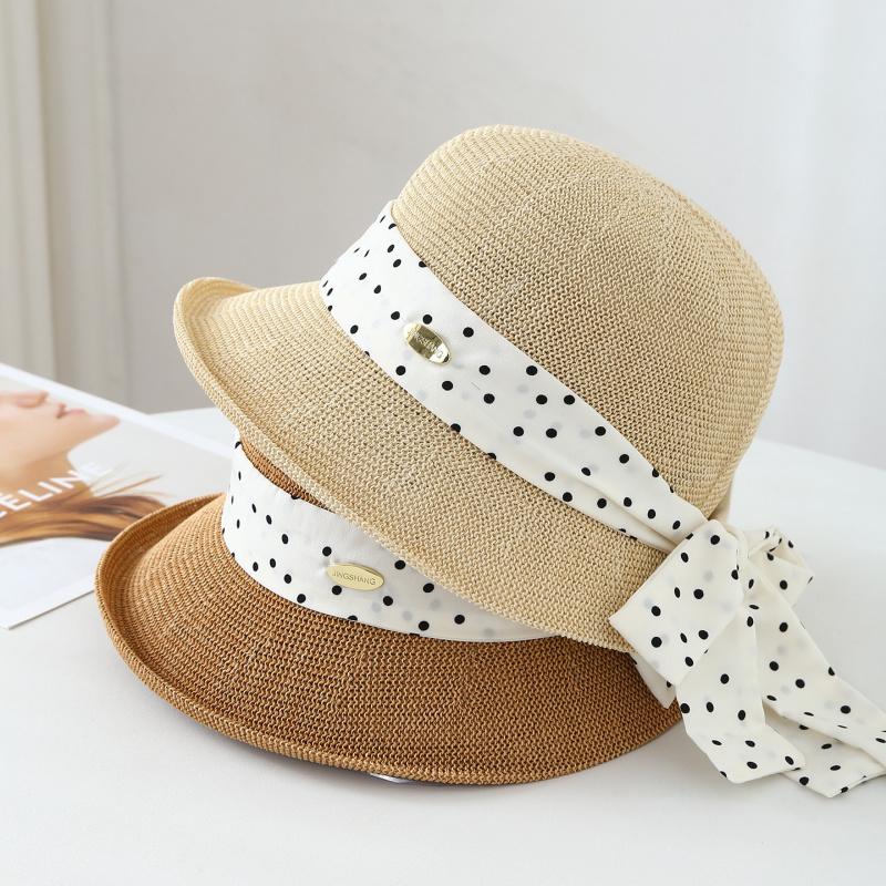 New polka bow summer straw hat adult women, makes face look smaller,-shading and-protective beach hat
