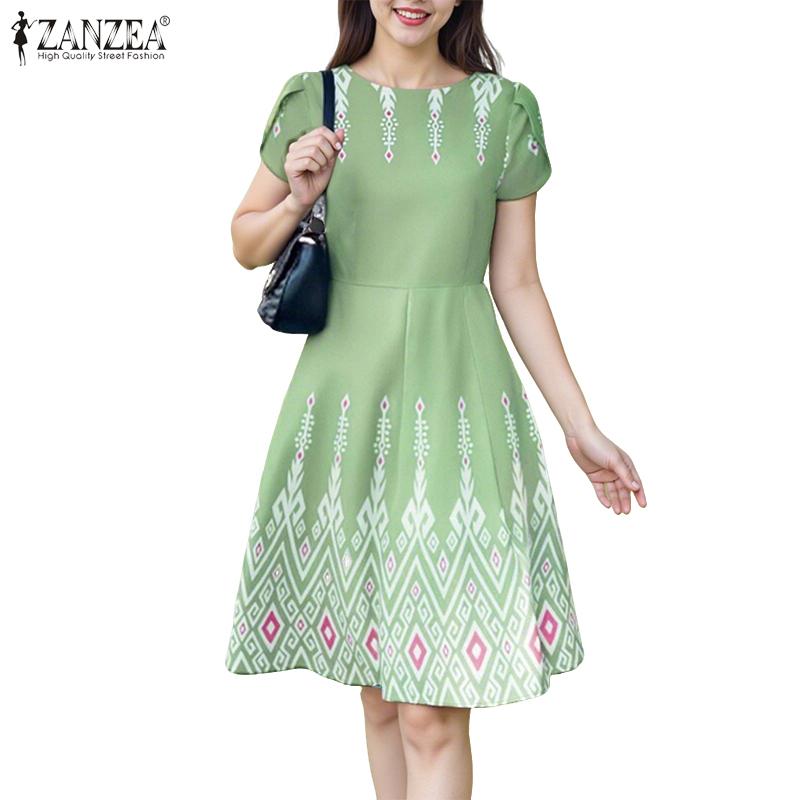 ZANZEA Women Casual Round Neck Summer Short Sleeve Print Dress