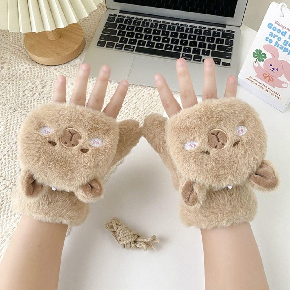 

Fur Plush Capibara Flip Gloves Warm Winter Kapibara Mitten Capybara Scarf Gloves Set Skiing Khaki Finger Gloves&Scarf