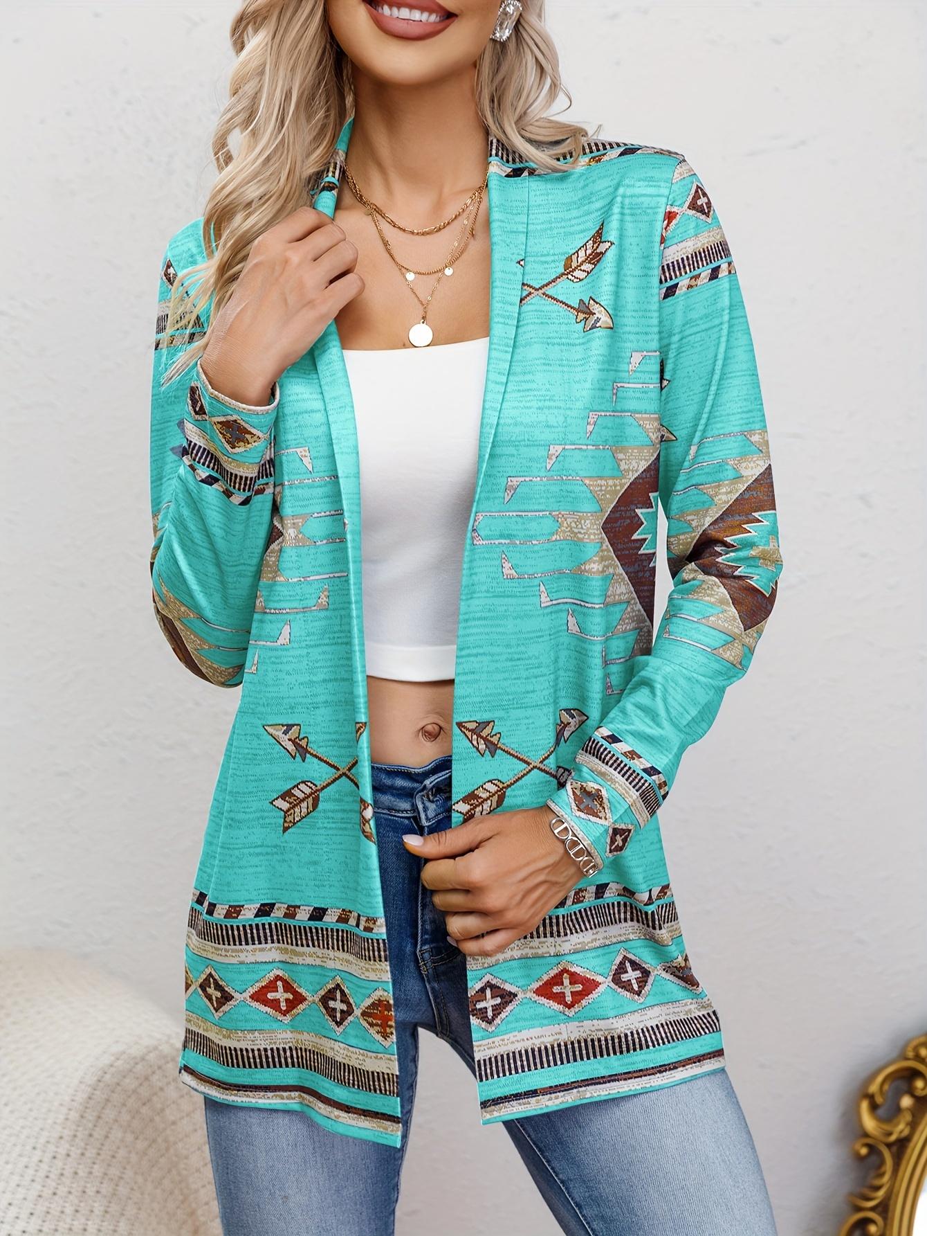 

Западный этнический принт, кардиган с открытой передней частью, повседневный кардиган свободного кроя с длинными рукавами, женская одежда XXL циан