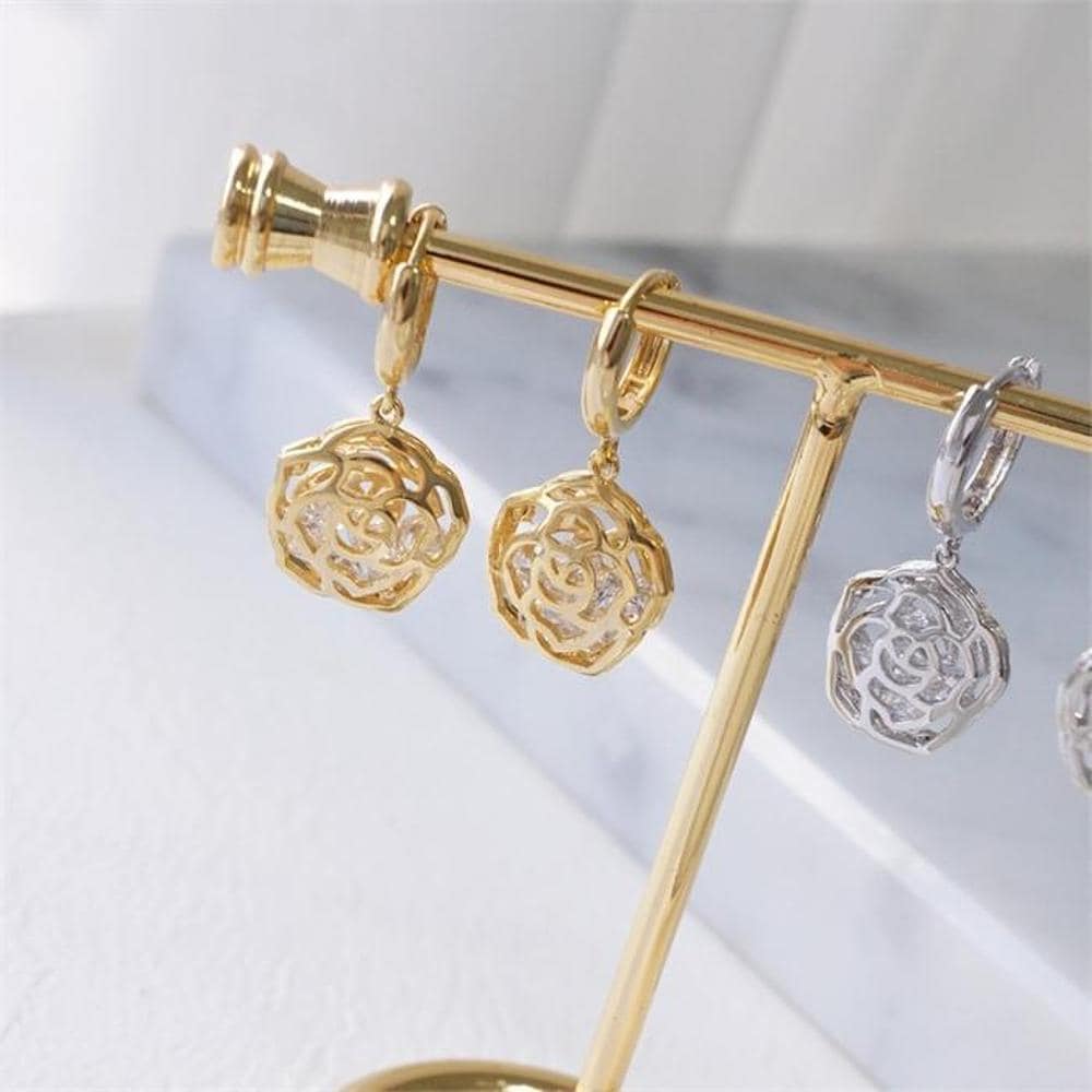 Women's Floral Cubic Ring One-Touch Earrings (8137640)