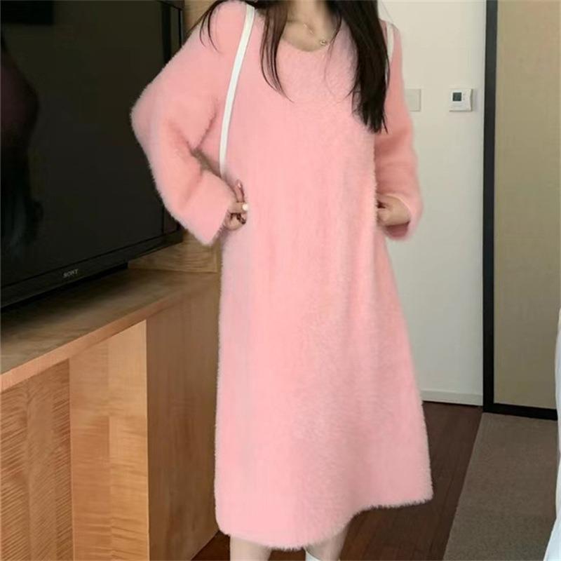 Medium and long mink fleece sweater dress for women's autumn and winter new loose and lazy pullover knitted bottoming skirt