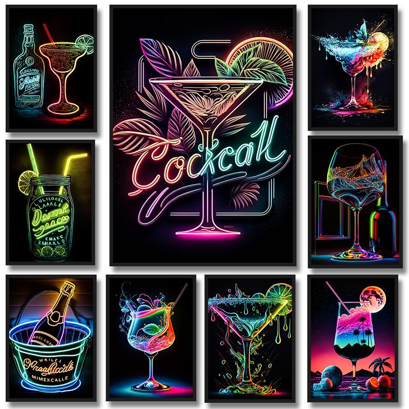 Cocktails Drink Fruit Neon Sign Posters and Prints Canvas Painting Wall Art Picture for Wine Shop Bar Club Room Home Decor