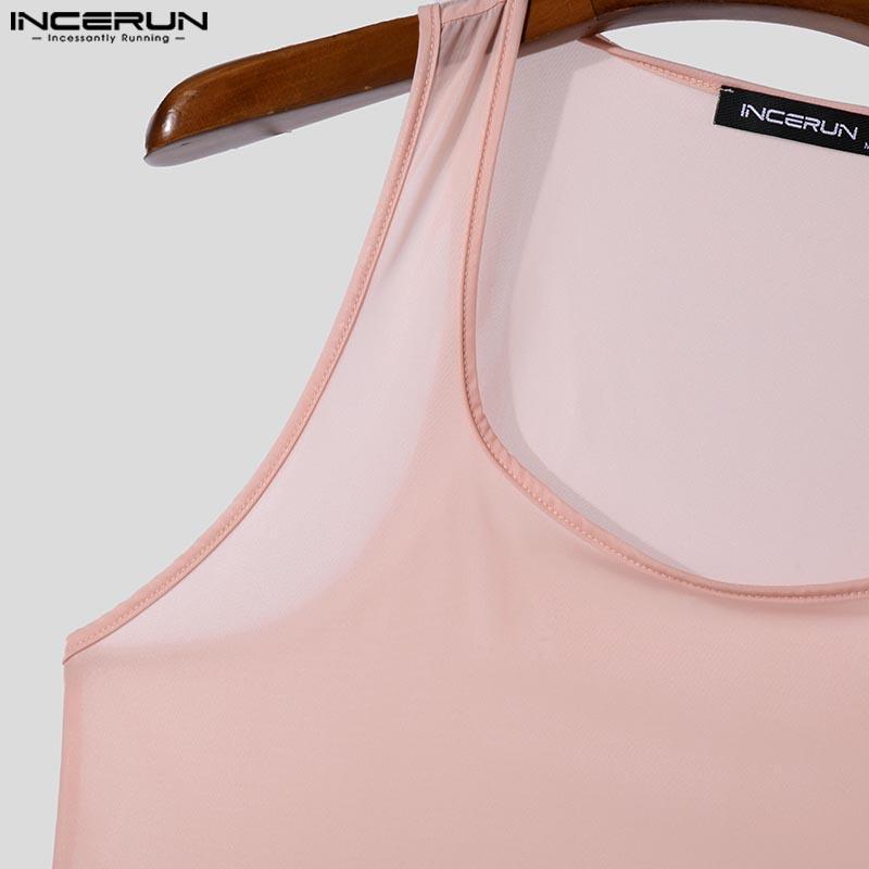 INCERUN Summer Men Sleeveless Semi-Sheer Stretch Skinny Tank Tops Gym Underwear