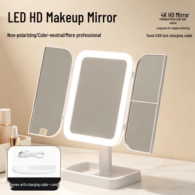 Smart LED Tri-Fold Makeup Mirror with 360° Rotation and Light