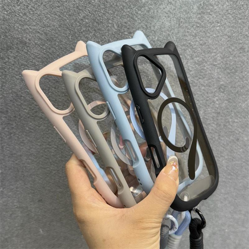 Pink Cat Ears iPhone 16/16 Pro Max Case with Magnetic Cat Tail, Transparent