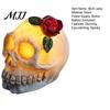 Durable Skull Light Gothic Up Rose Flower Figurine, Day of Dead Resin Cool Pattern Lamp Statue, Spooky Halloween Skeleton Head for Desk Home
