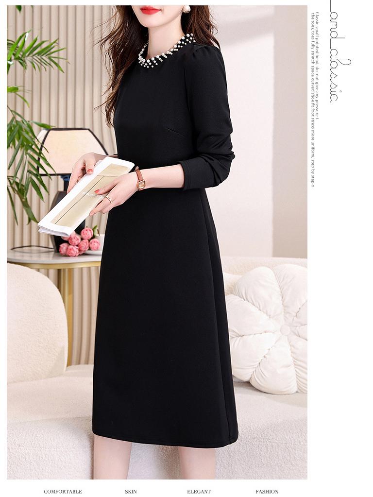 Black Slim-Fit Mid-Length Dress with Pearl Accents