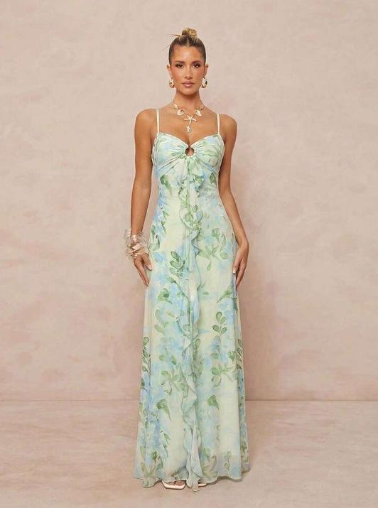 Cross-border European and American style suspender dress 2026 summer new temperament mesh printing backless waist beach dress S трава зеленый