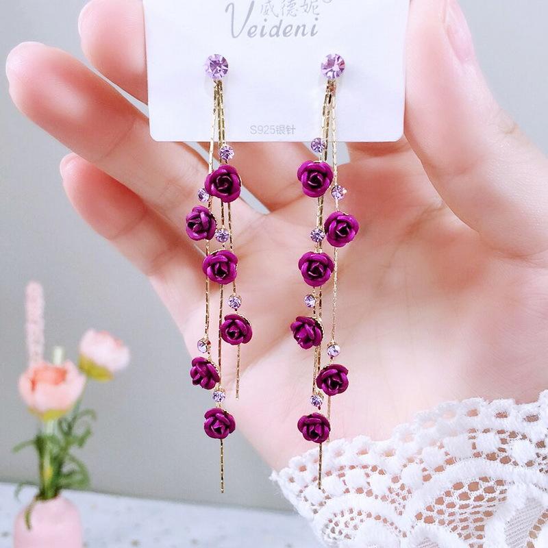 Women Versatile Rose Earrings Alloy Long Tassels Elegant Temperament Eardrop