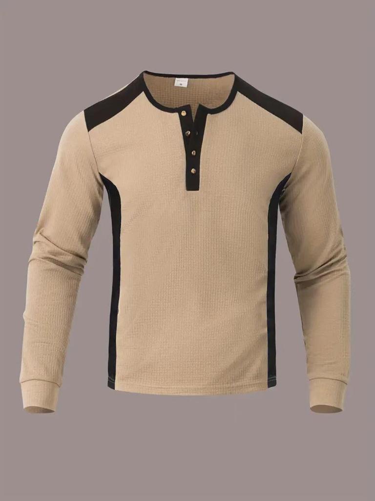 Men's European & American Style V-Neck Waffle Top - Breathable Autumn Casual Wear with Hot Buckle