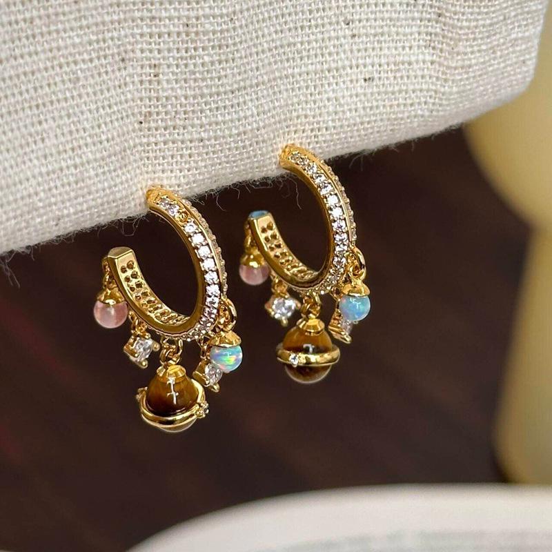 Silver Needle Zircon Tiger Eye Saturn Tassel Earrings - High-End Luxury Ear Studs by Meilade