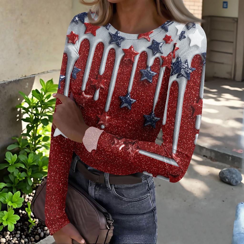 Women's Casual Fashion Round Neck Independence Day Print Long Sleeve Ribbed Top