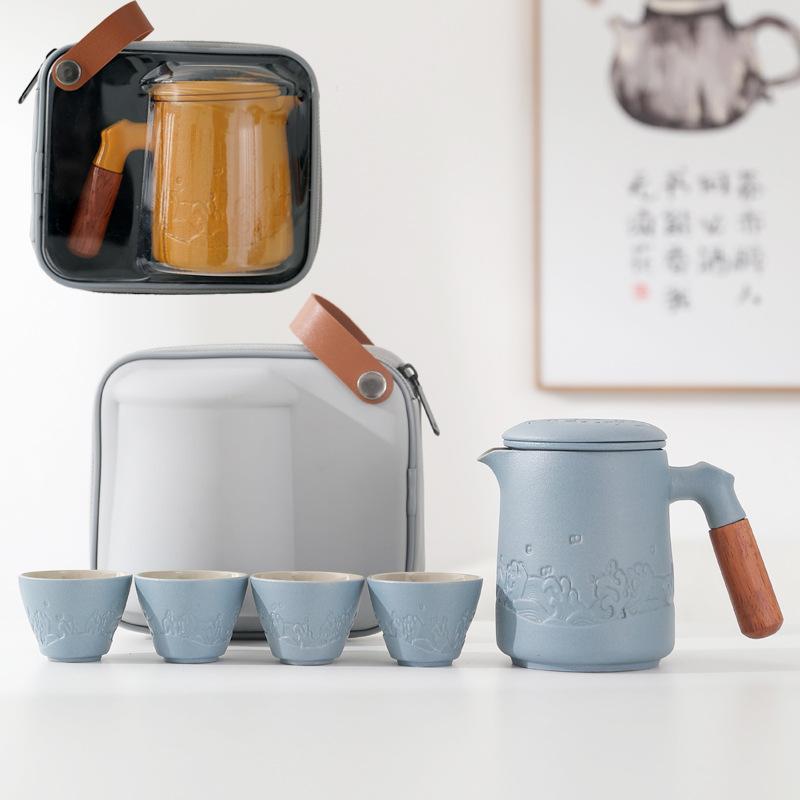 Ceramic Kuaike Cup One Pot Four Cups Travel Kung Fu Tea Set Portable Bag Set Simple Business Gift Engraving
