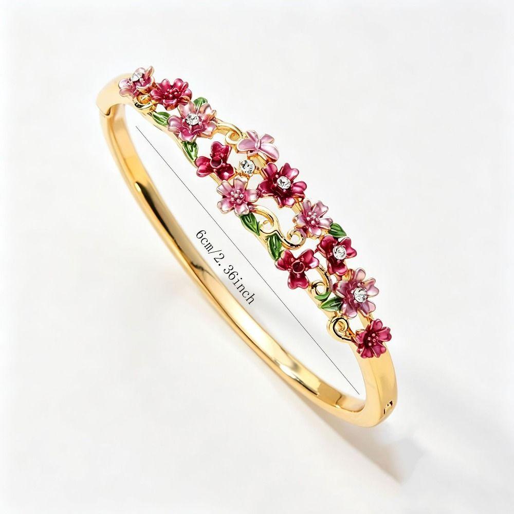 Rhinestone Decor Enamel Bracelet Colorful Floral Open Cuff Bangle Wedding Jewelry