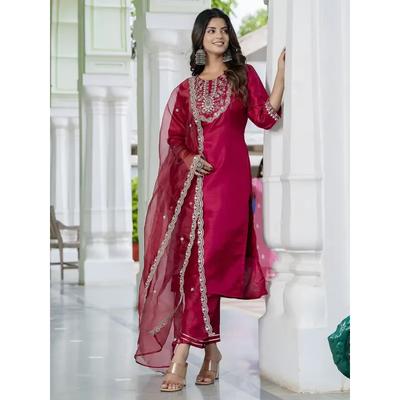Damski Zestaw Kurta Pant Dupatta z Mieszanki Jedwabiu Strój Indyjski na Imprezę Ślub Salwar Kameez VBP-1369