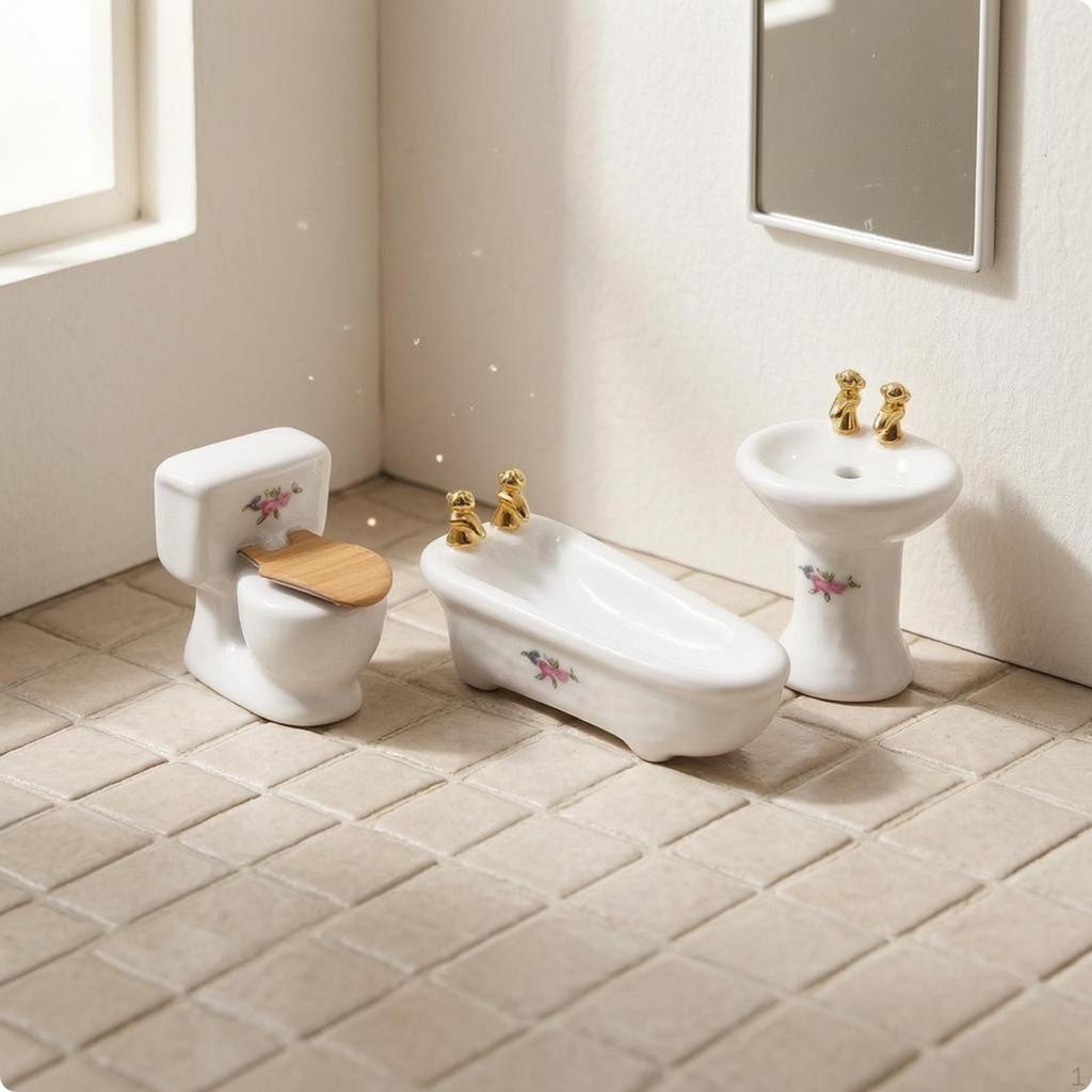 3 Pieces Dollhouse Toilet Sink Tub Set Glossy Finish Mini Washroom Accessories Detail Miniature