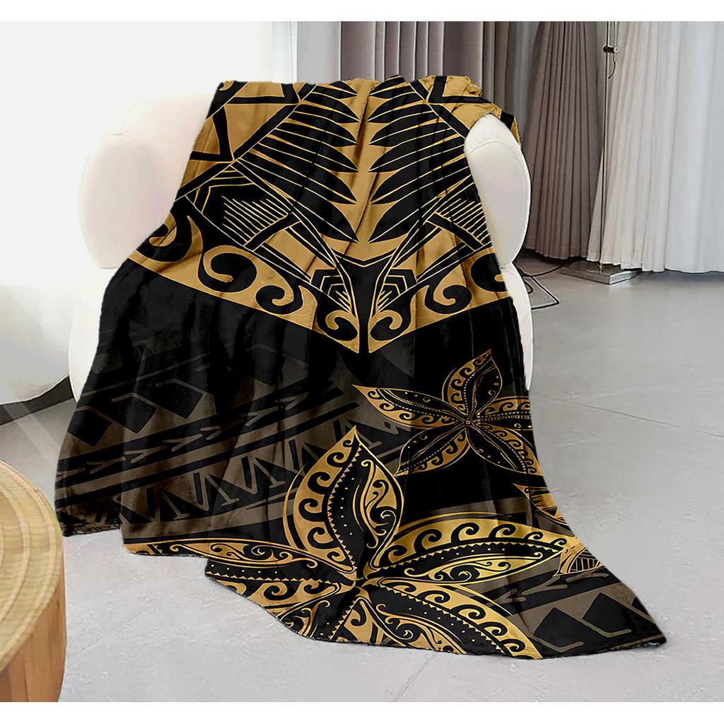 Black and gold Polynesian tribal patterns Blanket for Sofa Bed Travel Camping Living Room Office Conditioning Blanket