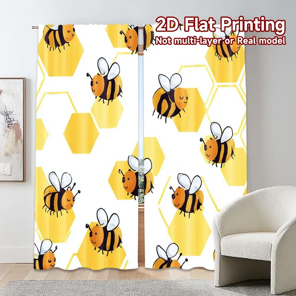 2pcs, 2D FLAT PRINTING Curtains (Without Rod) BeePattern(1) Creative Popular Curtains Versatile Polyester Curtains Thermal