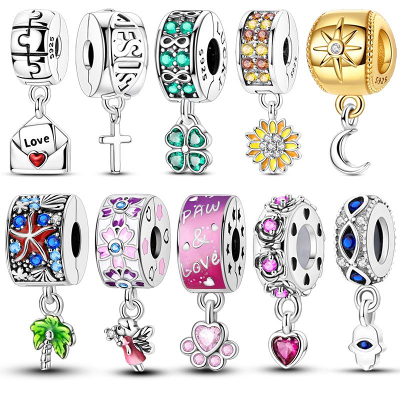 Copper Clasp Copper Cz Pave Clip Charms Daisy Beads Stopper Safety Chain Fit Original Bangle Bracelet Jewelry Clip