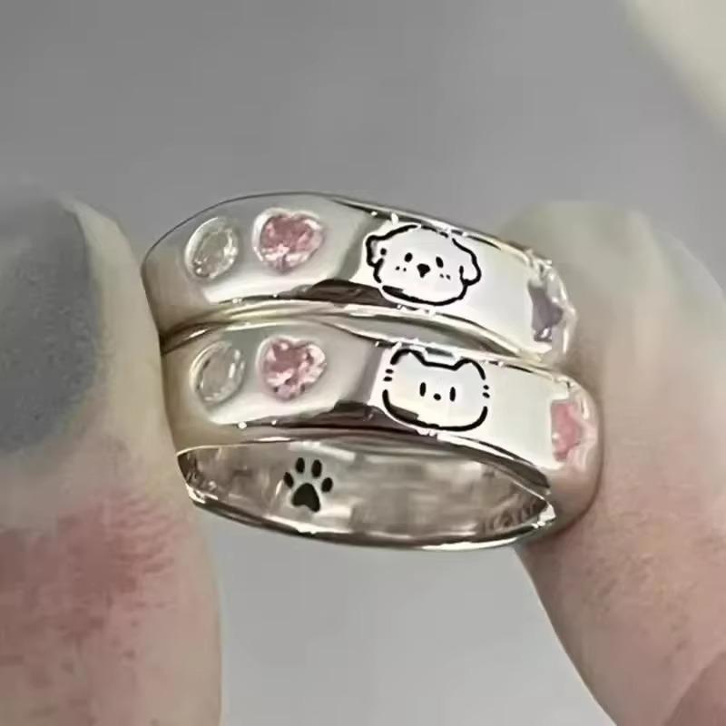 Modne Pierścionki Kawaii Kot Pies dla Kobiet Proste Otwierane Ręcznie Robione Regulowane Kreskówkowe Pierścionek dla Pary Metalowa Biżuteria Pierścionek Rocznicowy