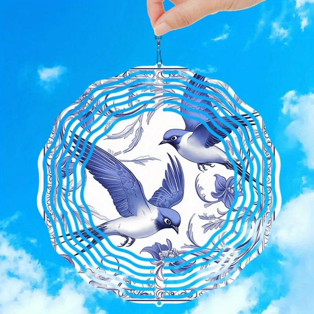 Hand Painted Blue Floral Swallow Wind Chime Outdoor Garden Patio Decor Weatherproof 2D Art with 360 Rotating Hook Holiday Decoration