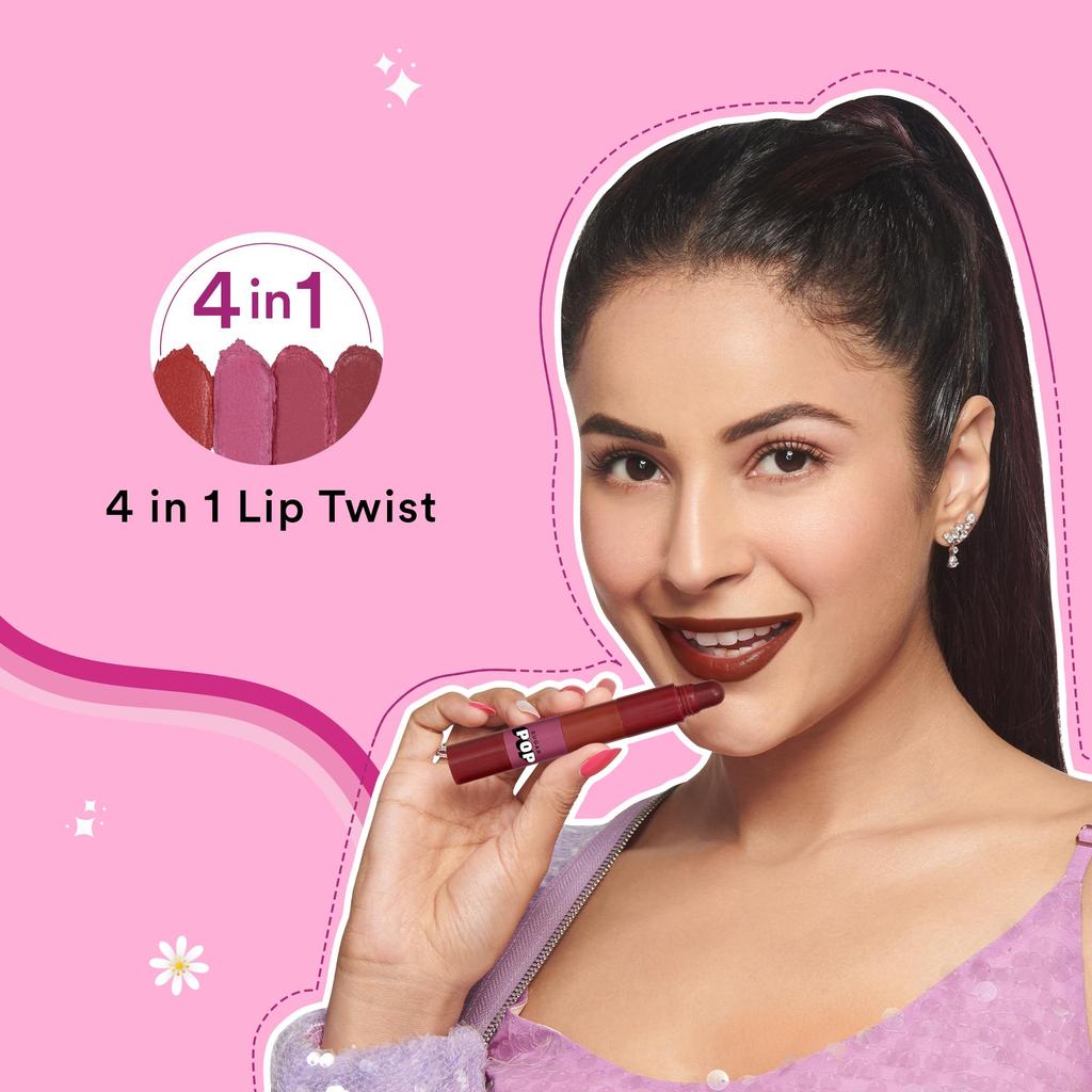 SUGAR POP 4 in 1 Lip Twist | Multi-use Stackable Lipsticks for Women | Enriched with Castor Oil | Satin Matte Hydrating Formula | 6.4gm - 03 Bare P