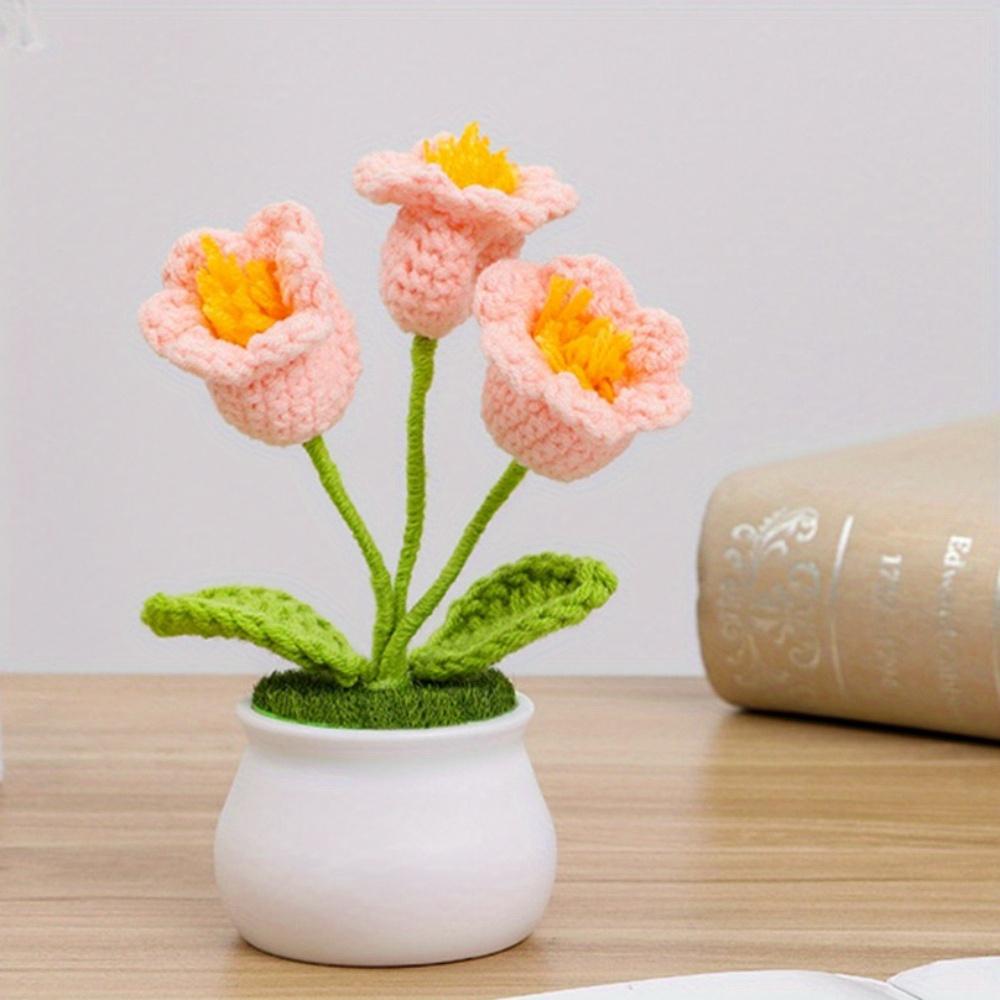 2 Pcs Knitting Crochet Bell Orchid Flowers Potted Plants for Wife Girlfriend and Women, Handmade Flowers for Car Decoration Home Decoration