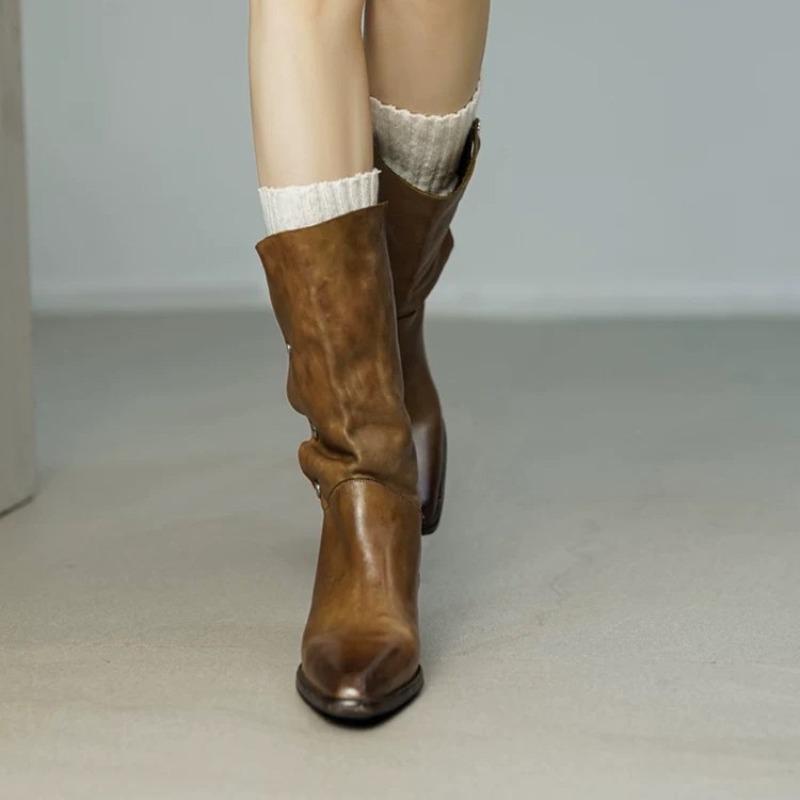 British style high-end sense niche lapel two wear western cowboy boots women's autumn and winter thick heel medium boots knight boots