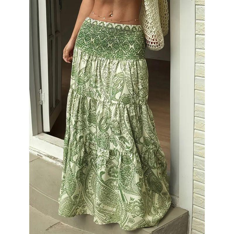 

Bohemian European and American Autumn New Fashion Elastic High Waist Print A Word Slimming Casual Skirt Long dress Women Color 2 XL