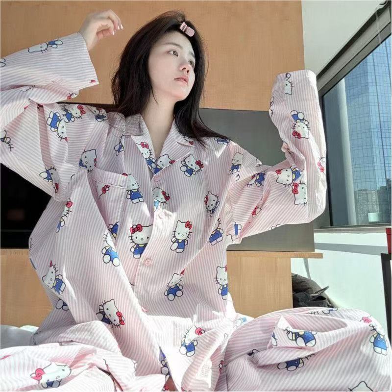 

Spring and autumn pajamas women s cloud cotton cardigan long-sleeved trousers casual loungewear suit student sweet kt cat M